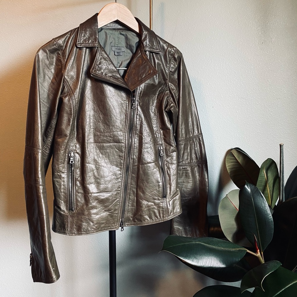 Army green leather jacket with collar